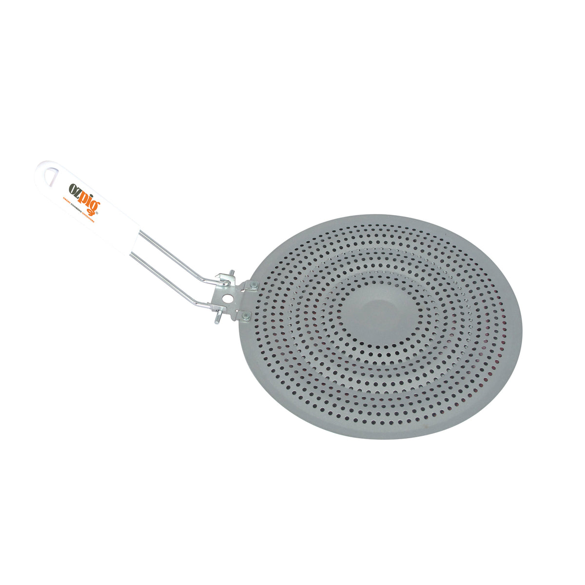 The Ozpig Diffuser (S2/S1) by Ozpig is a round, gray metal splatter screen with a handle, featuring small holes throughout for ventilation—designed to cover pans while cooking, it also serves as the perfect accessory or wood-fired stove diffuser for campfire cooking enthusiasts.