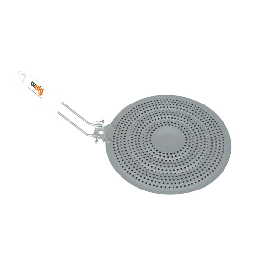 The Ozpig Diffuser (S2/S1) by Ozpig is a round, gray metal splatter screen with a handle, featuring small holes throughout for ventilation—designed to cover pans while cooking, it also serves as the perfect accessory or wood-fired stove diffuser for campfire cooking enthusiasts.