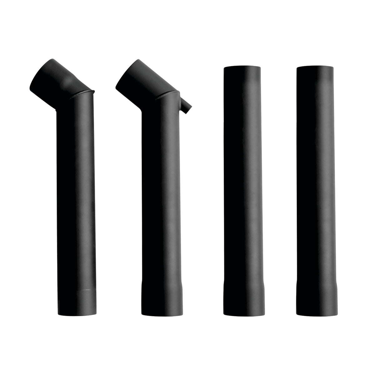 Four black cylindrical pipes—two with angled tops and two with flat tops—are arranged upright in a row against a white background. This is the Ozpig Double Offset Chimney Kit by Ozpig, ideal for enhancing your outdoor cooking experience.