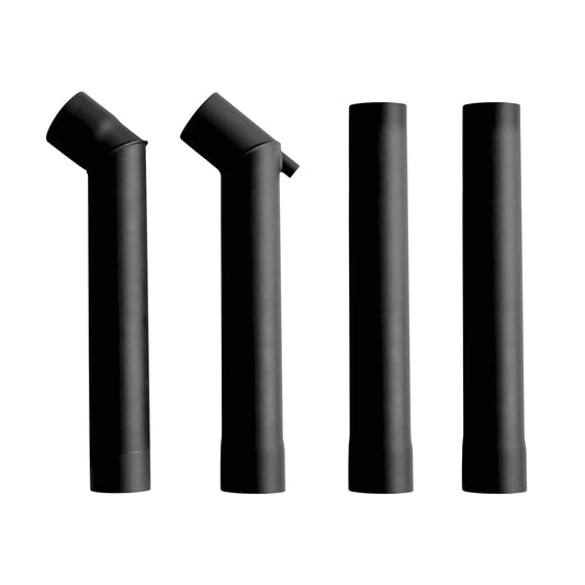 Four black cylindrical pipes—two with angled tops and two with flat tops—are arranged upright in a row against a white background. This is the Ozpig Double Offset Chimney Kit by Ozpig, ideal for enhancing your outdoor cooking experience.