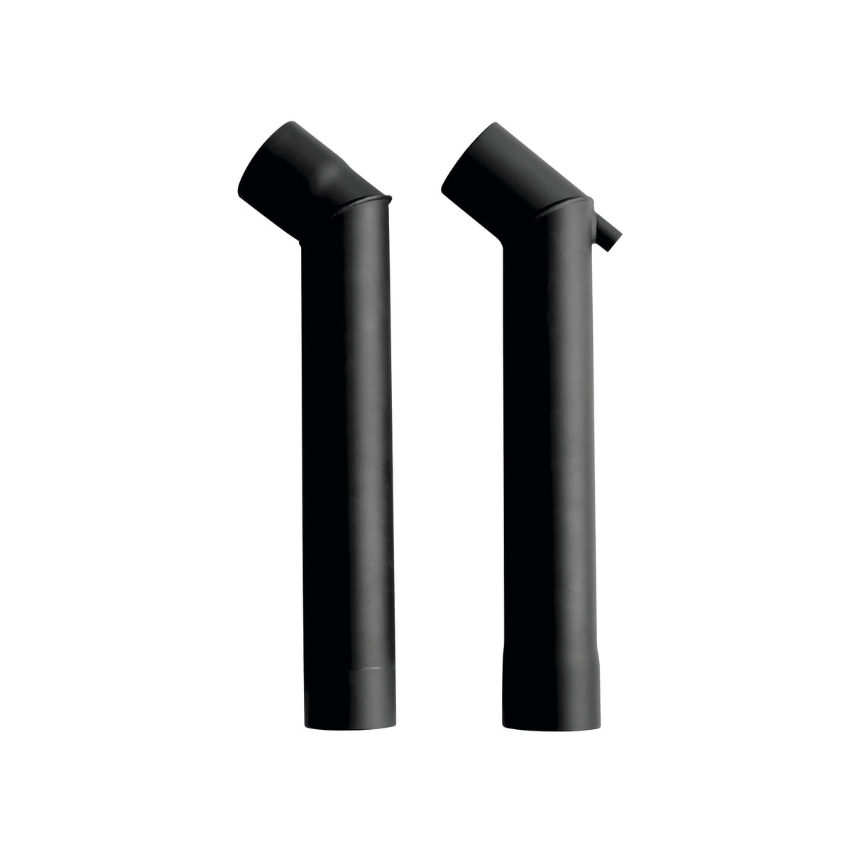 Two black, cylindrical Ozpig Double Offset Chimney Pieces stand upright on a white background. Designed by Ozpig for wood fired stoves, each piece features an angled, closed end—one with a small protruding tab near the top—making them ideal as chimney outlet extensions.