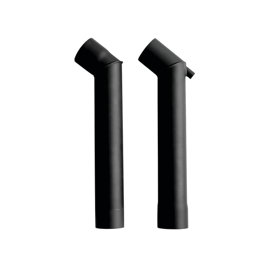 Two black, cylindrical Ozpig Double Offset Chimney Pieces stand upright on a white background. Designed by Ozpig for wood fired stoves, each piece features an angled, closed end—one with a small protruding tab near the top—making them ideal as chimney outlet extensions.