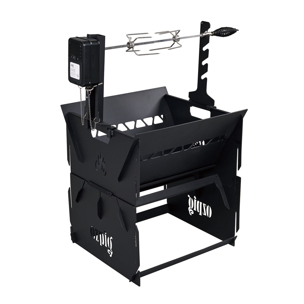 The Ozpig Fire Pit Rotisserie Kit by Ozpig is a black metal outdoor rotisserie grill featuring a motorized spit, durable grill grates, and distinctive flame cutouts on the sides—ideal for outdoor cooking. The rotisserie rod comes with a convenient handle and sits above the grill for versatile use, much like the Ozpig 3-in-1 Flat Pack Fire Pit. Shown empty, the grill is photographed against a white background.