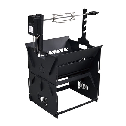 The Ozpig Fire Pit Rotisserie Kit by Ozpig is a black metal outdoor rotisserie grill featuring a motorized spit, durable grill grates, and distinctive flame cutouts on the sides—ideal for outdoor cooking. The rotisserie rod comes with a convenient handle and sits above the grill for versatile use, much like the Ozpig 3-in-1 Flat Pack Fire Pit. Shown empty, the grill is photographed against a white background.