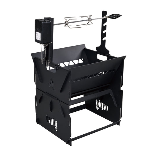 The Ozpig Fire Pit Rotisserie Kit by Ozpig is a black metal outdoor rotisserie grill featuring a motorized spit, durable grill grates, and distinctive flame cutouts on the sides—ideal for outdoor cooking. The rotisserie rod comes with a convenient handle and sits above the grill for versatile use, much like the Ozpig 3-in-1 Flat Pack Fire Pit. Shown empty, the grill is photographed against a white background.