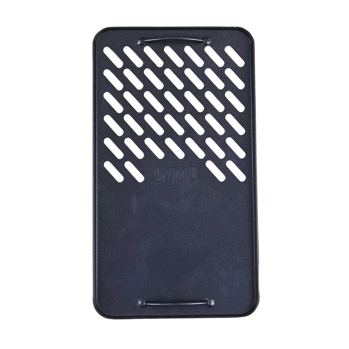 The Ozpig Fire Pit Solid/Grill Cooking Plate by Ozpig is a rectangular black tray made from heavy duty steel, designed with diagonal slots on one half and two raised edges—ideal for grilling, draining, or holding food while cooking outdoors with the Ozpig 3 in 1 Flat Pack Fire Pit.