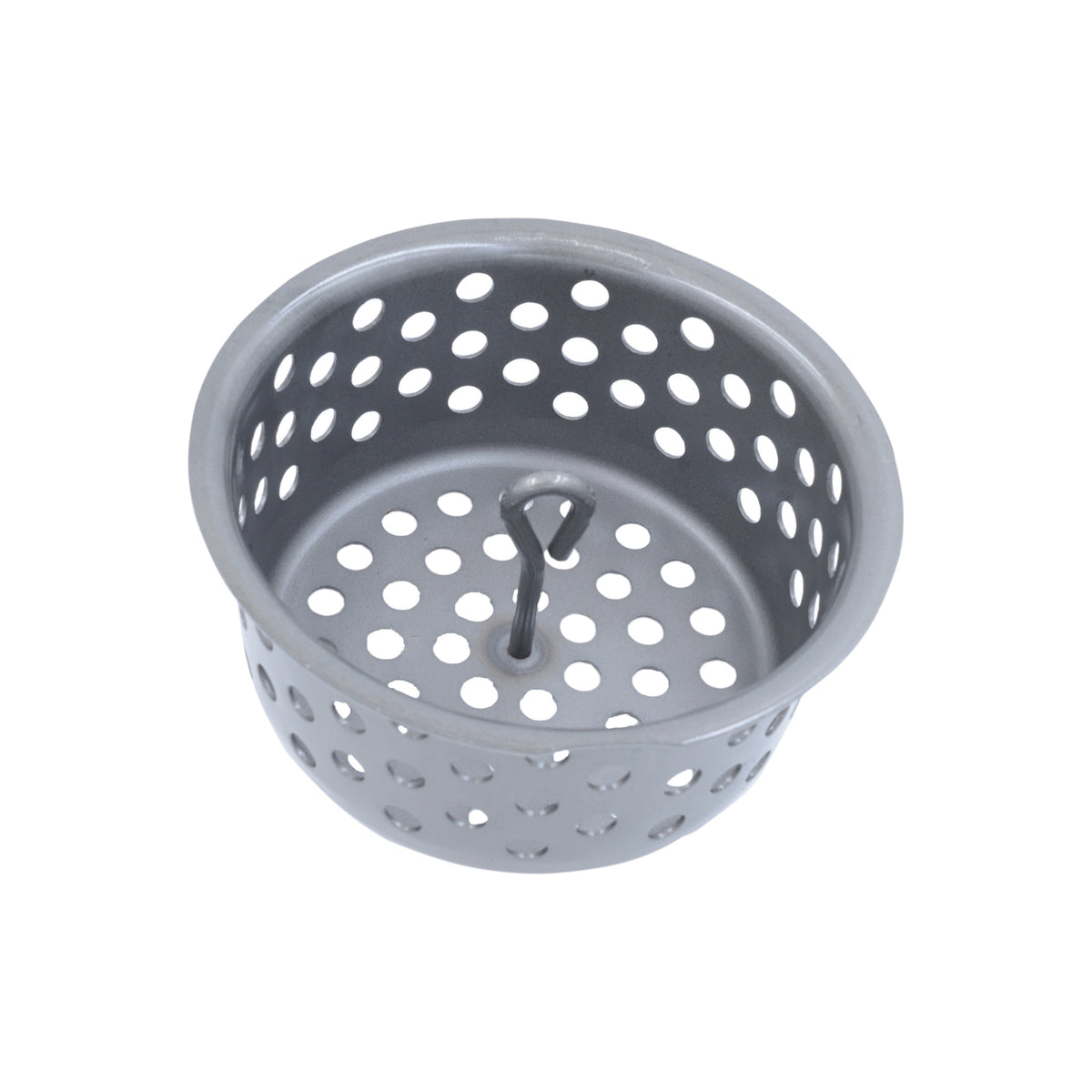 The Ozpig Heatbead Basket by Ozpig is a round, gray metal accessory featuring evenly spaced holes and a small central handle, designed to securely hold BBQ heat beads for efficient heating—much like a sink strainer catches debris to prevent clogging in drains.