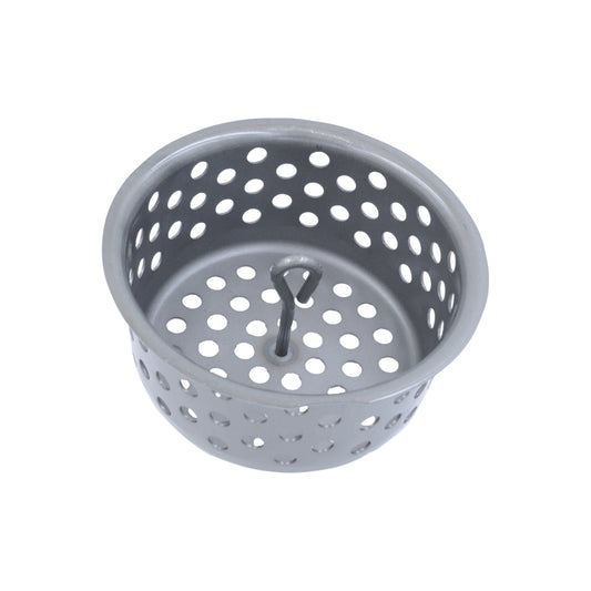 The Ozpig Heatbead Basket by Ozpig is a round, gray metal accessory featuring evenly spaced holes and a small central handle, designed to securely hold BBQ heat beads for efficient heating—much like a sink strainer catches debris to prevent clogging in drains.