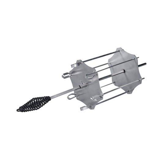 Inspired by the durable stainless steel skewers from the Ozpig Kebab Rotisserie Set by Ozpig, this metal marshmallow roasting stick features a coiled black handle and two shield-like plates with prongs to securely hold marshmallows. Designed for enhanced durability and safety, it helps prevent burns while roasting over a fire, ensuring a safer outdoor cooking experience.