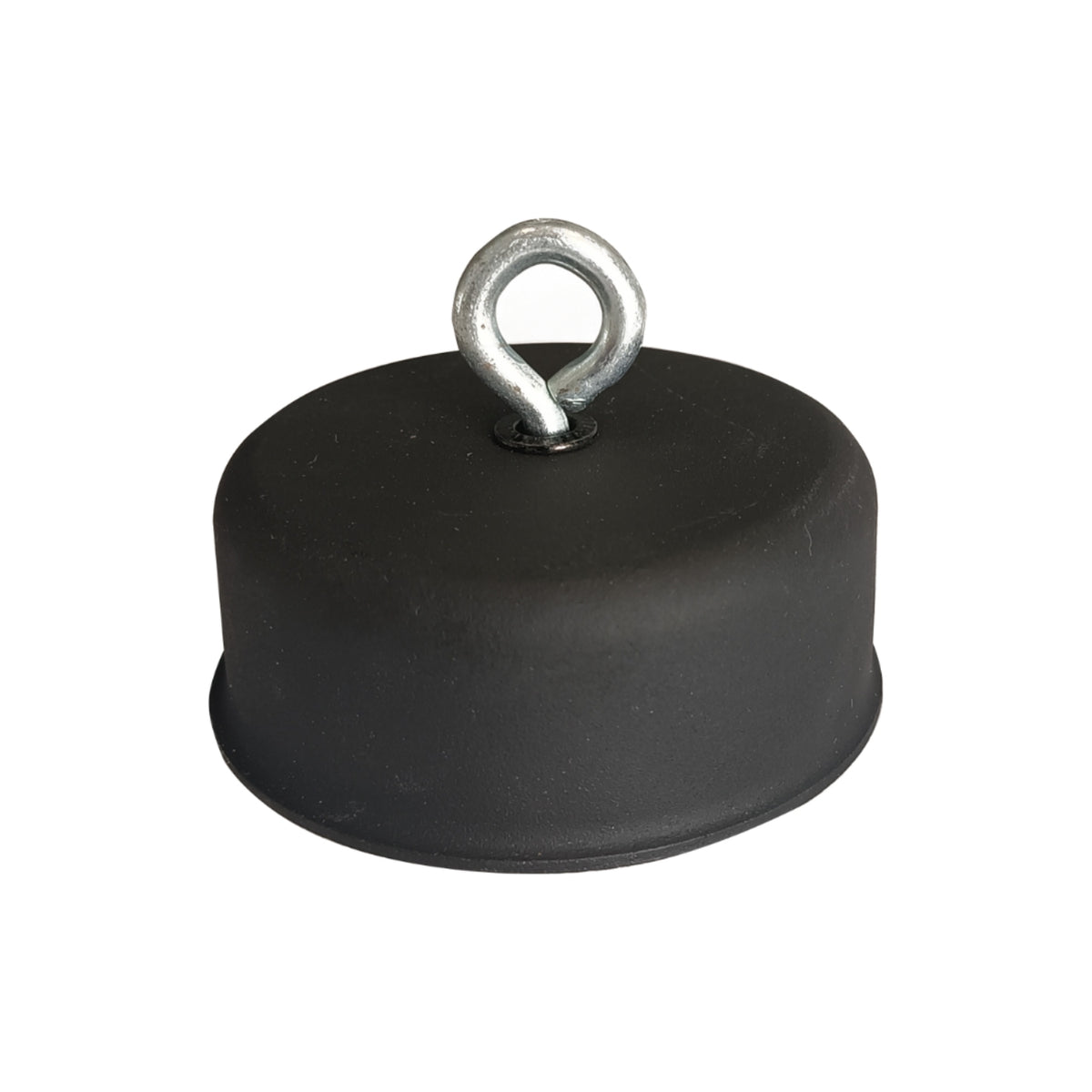 A round black rubber Ozpig Oven Smoker Chimney Cap with a metal eye bolt attached at the top, shown against a white background—perfect as a replacement part or chimney cap for your Ozpig oven smoker.