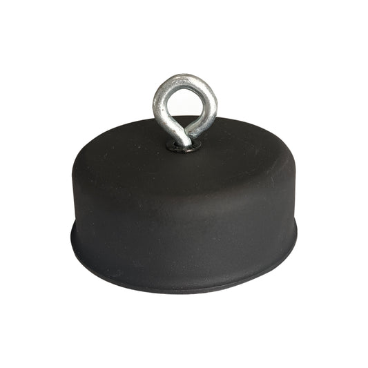 A round black rubber Ozpig Oven Smoker Chimney Cap with a metal eye bolt attached at the top, shown against a white background—perfect as a replacement part or chimney cap for your Ozpig oven smoker.