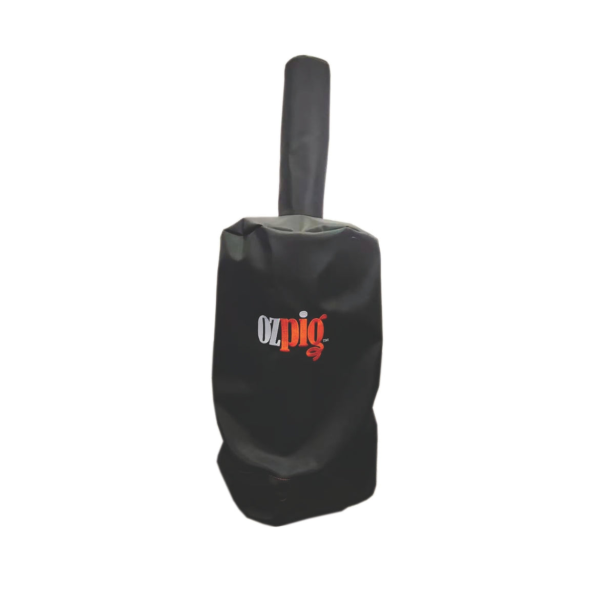 The Ozpig Oven Smoker Custom Fit Cover by Ozpig, shown against a plain white background, is a black cover featuring the “Ozpig” logo and is designed to fit over and protect a cylindrical outdoor cooking device such as an oven smoker.