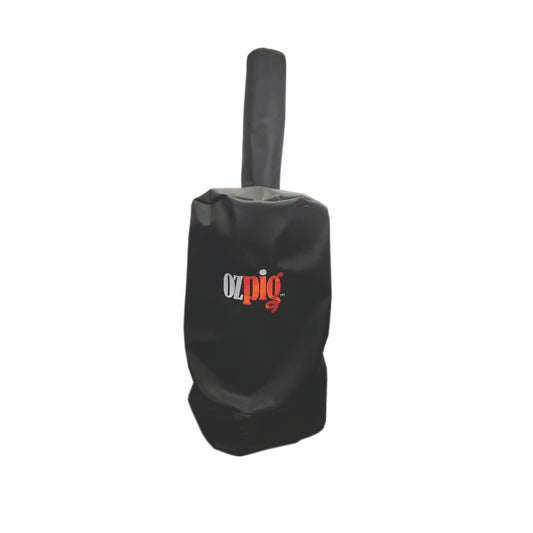 The Ozpig Oven Smoker Custom Fit Cover by Ozpig, shown against a plain white background, is a black cover featuring the “Ozpig” logo and is designed to fit over and protect a cylindrical outdoor cooking device such as an oven smoker.