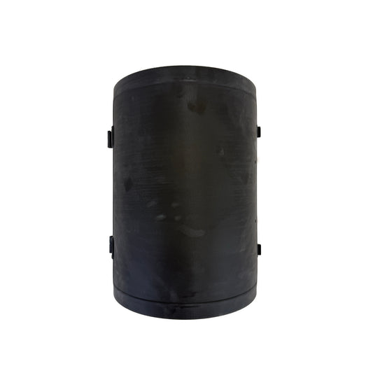 A large, black cylindrical object with a matte finish and subtle surface marks sits centered on a white background—this is the Ozpig Oven Smoker, shown fitted with the Ozpig Oven Smoker Door.