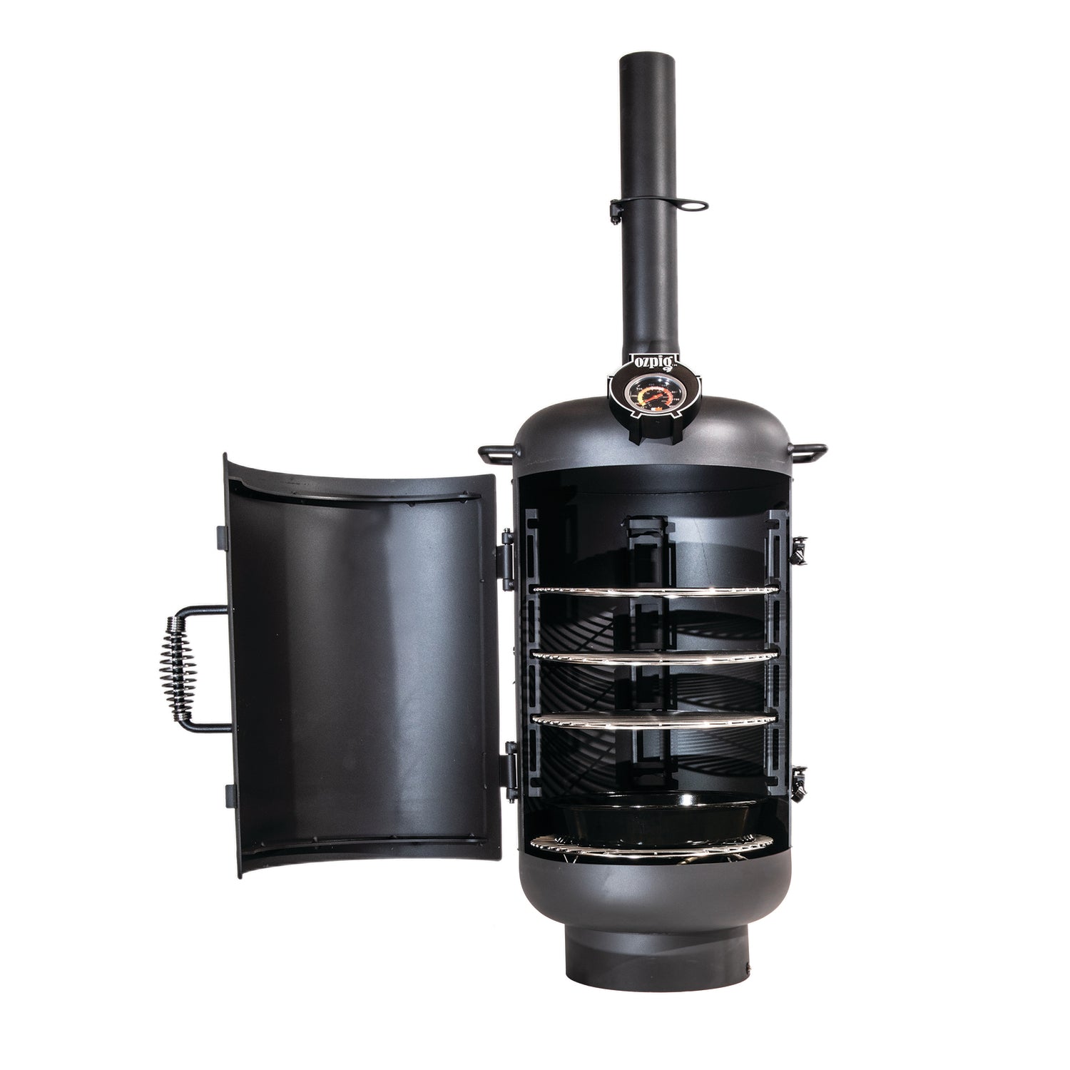 Introducing the Ozpig Oven Smoker by Ozpig—a black, vertical smoker featuring a domed top, convenient front-opening door, four chrome grill racks, chimney on top, and an easy-to-read temperature gauge above the door. Inspired by the original Ozpig Smoker Oven design, this versatile unit is perfect for outdoor cooking and delivers that signature woodfired flavour. Whether you’re hosting backyard gatherings or heading out on camping adventures, the Ozpig Oven Smoker is your ideal companion.