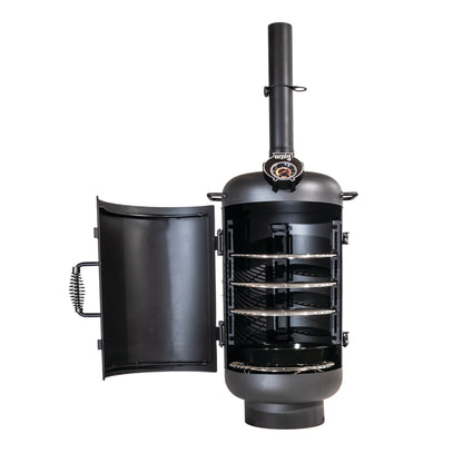 Introducing the Ozpig Oven Smoker by Ozpig—a black, vertical smoker featuring a domed top, convenient front-opening door, four chrome grill racks, chimney on top, and an easy-to-read temperature gauge above the door. Inspired by the original Ozpig Smoker Oven design, this versatile unit is perfect for outdoor cooking and delivers that signature woodfired flavour. Whether you’re hosting backyard gatherings or heading out on camping adventures, the Ozpig Oven Smoker is your ideal companion.