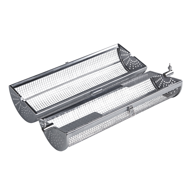A metal, cylindrical mesh basket with a hinged lid and clasp, the Ozpig Rotisserie Basket Large is used for grilling or roasting small food items over wood-fired cooking. This essential addition to your rotisserie accessories lineup by Ozpig features perforated endcaps and is designed to rotate smoothly on a spit.