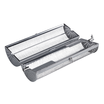 A metal, cylindrical mesh basket with a hinged lid and clasp, the Ozpig Rotisserie Basket Large is used for grilling or roasting small food items over wood-fired cooking. This essential addition to your rotisserie accessories lineup by Ozpig features perforated endcaps and is designed to rotate smoothly on a spit.