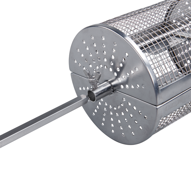A close-up of the Ozpig Rotisserie Basket Large—a cylindrical metal mesh drum with perforated ends, mounted on a metal rod. This premium accessory from Ozpig is ideal for wood-fired cooking and grilling a variety of foods.