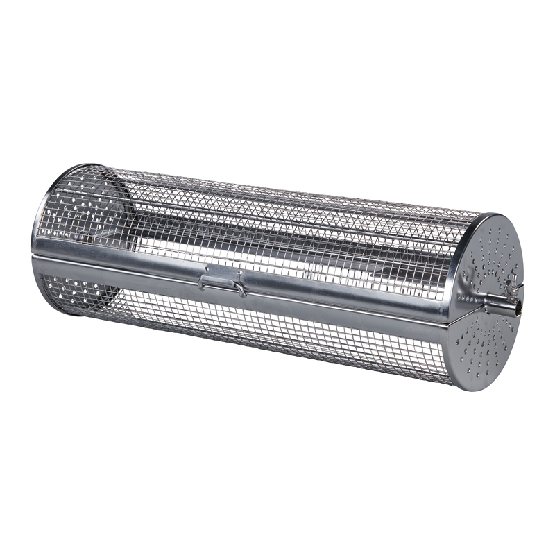 The Ozpig Rotisserie Basket Large by Ozpig is a cylindrical metal mesh drum with solid end caps and a latch, making it a versatile rotisserie accessory that’s ideal for wood fired cooking and perfect for roasting or tumbling food items such as coffee beans or nuts.