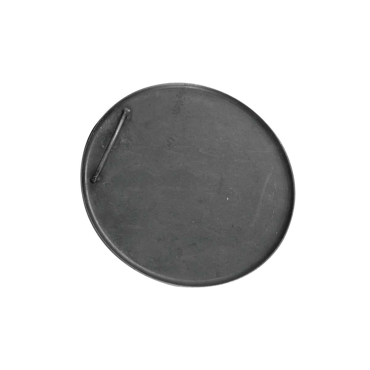 The Ozpig Series 2 BBQ Round Plate by Ozpig is a round, flat black metal tray featuring a small handle on one side, photographed on a white background—perfect as a replacement BBQ plate or accessory for your Ozpig Series 2.