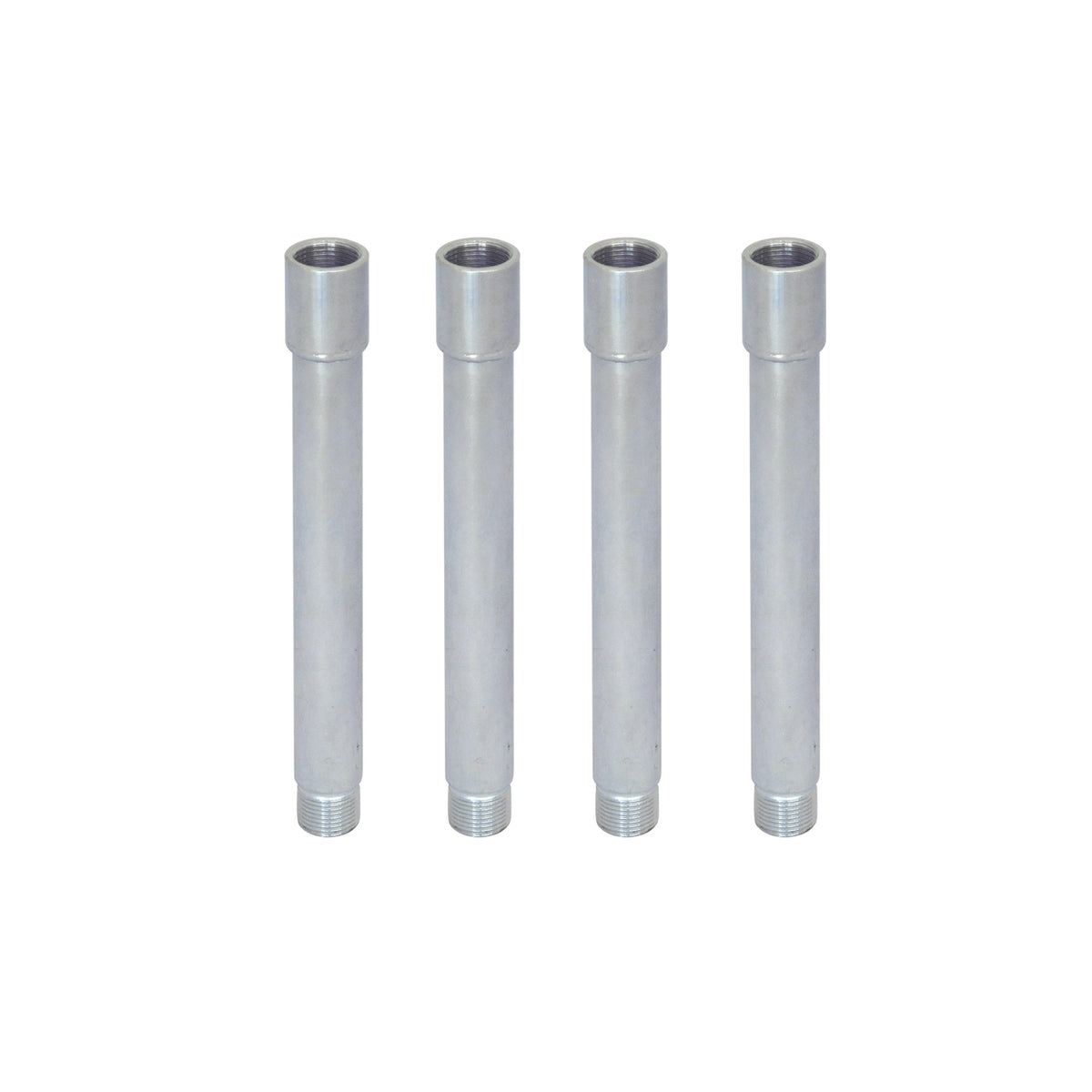 Four identical cylindrical metal pipe fittings with threaded ends, arranged vertically in a row on a plain white background—the Ozpig Series 2 Extension Leg Kit by Ozpig—are ideal for elevating your cooking surface, making fire cooking safer and more convenient.