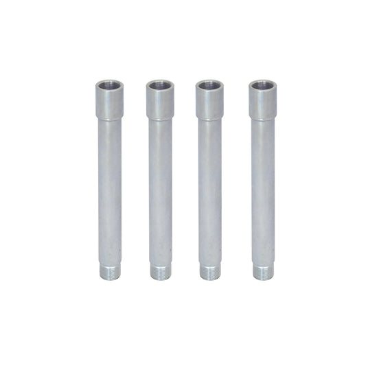 Four identical cylindrical metal pipe fittings with threaded ends, arranged vertically in a row on a plain white background—the Ozpig Series 2 Extension Leg Kit by Ozpig—are ideal for elevating your cooking surface, making fire cooking safer and more convenient.