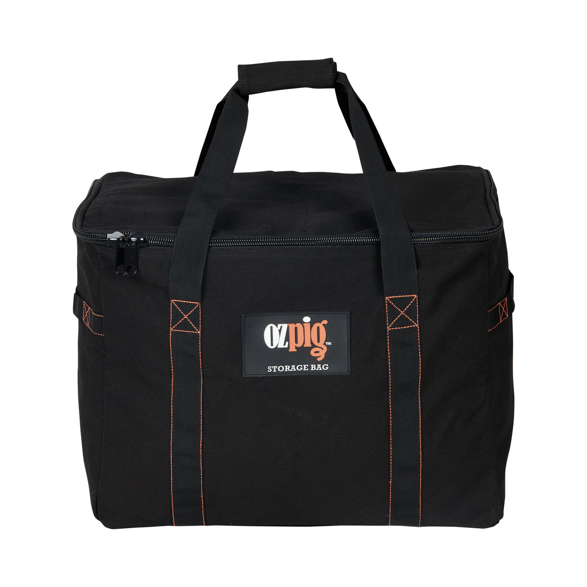 The Ozpig Series 2 Heavy Duty Storage Bag by Ozpig is a black, rectangular carry bag made from heavy duty cotton canvas with orange stitching. It features a zippered top, two sturdy carry handles, convenient internal storage pockets, and a front label displaying the Ozpig logo.