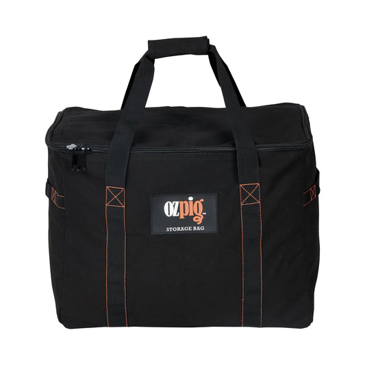 The Ozpig Series 2 Heavy Duty Storage Bag by Ozpig is a black, rectangular carry bag made from heavy duty cotton canvas with orange stitching. It features a zippered top, two sturdy carry handles, convenient internal storage pockets, and a front label displaying the Ozpig logo.