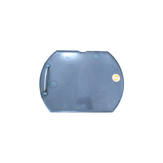 The Ozpig Series 2 Large Warming Plate by Ozpig is a black, rectangular plastic tray with rounded corners and a handle on the left side, specifically designed as a replacement warming plate for your Ozpig Series 2. A small yellow circular sticker is located on the upper right corner of the tray. Set against a plain white background, this accessory is easy to identify and install.