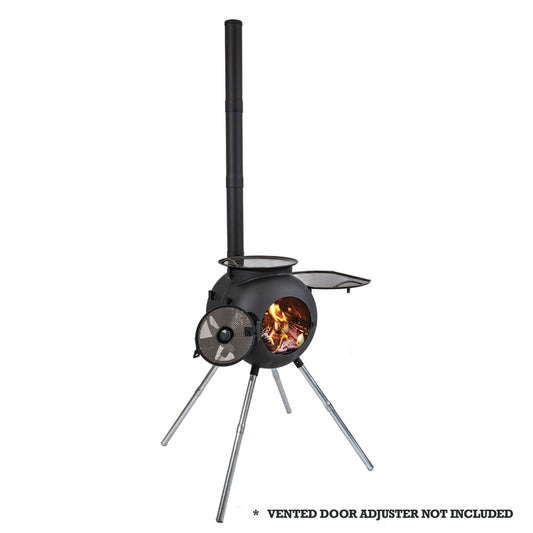 The Ozpig Series 2 Portable Wood Fire Stove by Ozpig features a sleek black, round-bodied design with a glass door revealing lively flames, a tall chimney pipe, three sturdy metal legs, and a small open side shelf—ideal for outdoor cooking. Please note: the vented door adjuster is not included.