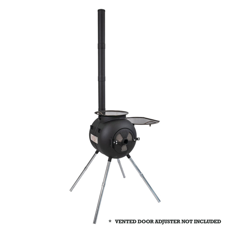 The Ozpig Series 2 Portable Wood Fire Stove by Ozpig features a sleek black design with four sturdy angled metal legs and a tall chimney. It has a round front door equipped with a vent and an open side door, making it perfect for outdoor cooking. *Note: Vented door adjuster not included.* An ideal companion for all your Ozpig Series 2 adventures.