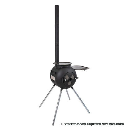 The Ozpig Series 2 Portable Wood Fire Stove by Ozpig features a sleek black design with four sturdy angled metal legs and a tall chimney. It has a round front door equipped with a vent and an open side door, making it perfect for outdoor cooking. *Note: Vented door adjuster not included.* An ideal companion for all your Ozpig Series 2 adventures.