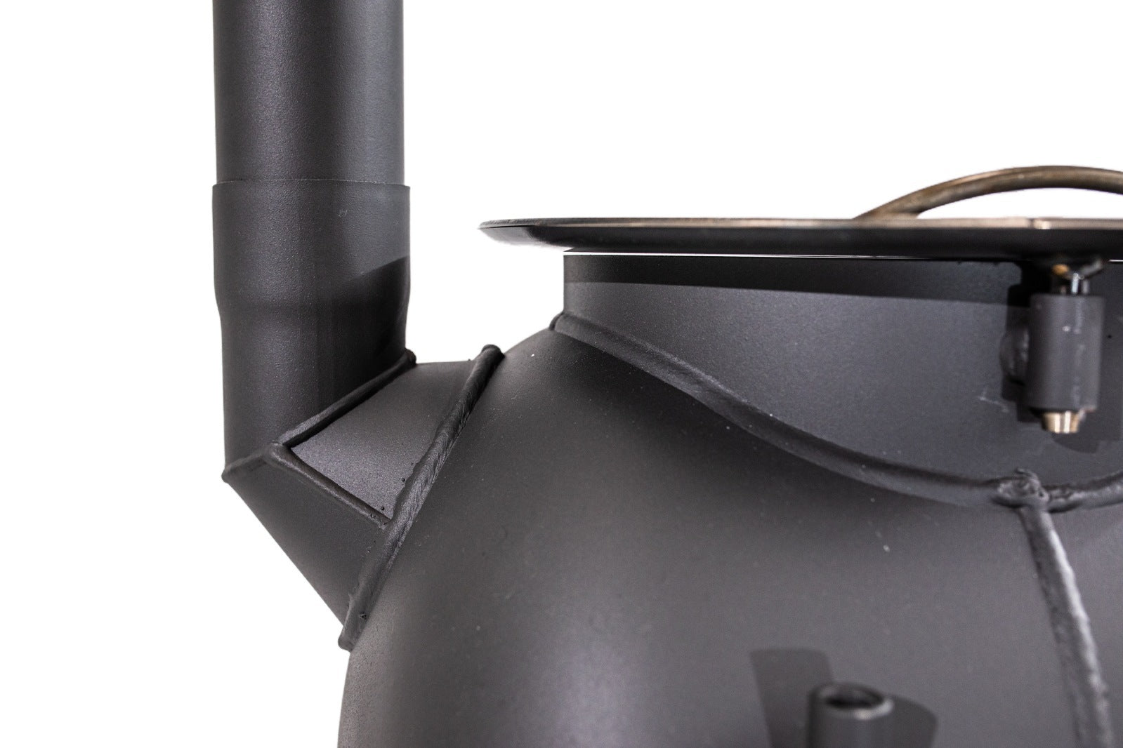Close-up of the Ozpig Series 2 Portable Wood Fire Stove by Ozpig, featuring a matte black metal finish. The stove highlights its cylindrical chimney pipe attached to a rounded body with visible welded seams and a sturdy metal lid on top—ideal for outdoor cooking and reflecting the robust Ozpig Series 2 craftsmanship.