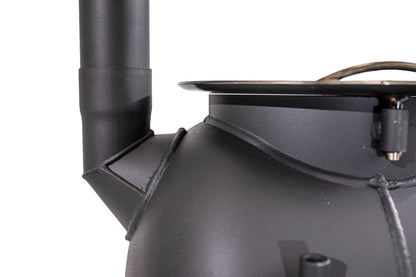 Close-up of the Ozpig Series 2 Portable Wood Fire Stove by Ozpig, featuring a matte black metal finish. The stove highlights its cylindrical chimney pipe attached to a rounded body with visible welded seams and a sturdy metal lid on top—ideal for outdoor cooking and reflecting the robust Ozpig Series 2 craftsmanship.