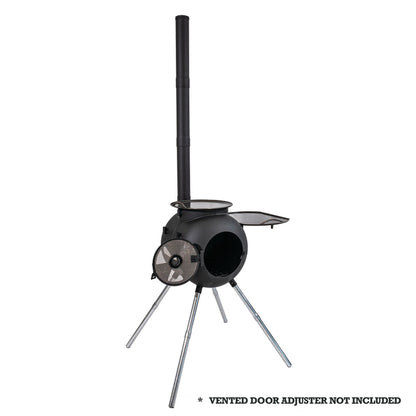 Introducing the Ozpig Series 2 Portable Wood Fire Stove by Ozpig—a sleek black stove featuring a cylindrical body, four sturdy metal legs, an extended chimney, and a side-opening door—ideal for backyard entertaining as your portable outdoor cooker. Text below notes: VENTED DOOR ADJUSTER NOT INCLUDED.