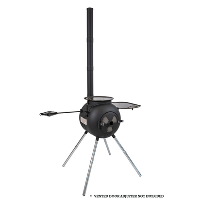 The Ozpig Series 2 Portable Wood Fire Stove by Ozpig is a black outdoor stove featuring four silver legs, a vertical chimney, a round glass front door, and an attached side cooking surface—ideal for backyard entertaining. Text below says, “VENTED DOOR ADJUSTER NOT INCLUDED.”.