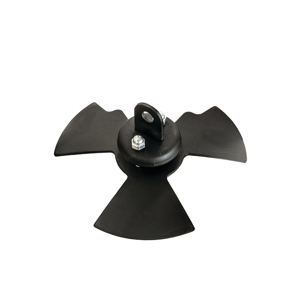 An Ozpig Series 2 Vent Door Adjuster by Ozpig, featuring a black, three-bladed metal design with a central mounting bracket and bolt for airflow control, viewed from above on a white background.