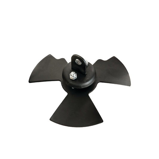 An Ozpig Series 2 Vent Door Adjuster by Ozpig, featuring a black, three-bladed metal design with a central mounting bracket and bolt for airflow control, viewed from above on a white background.