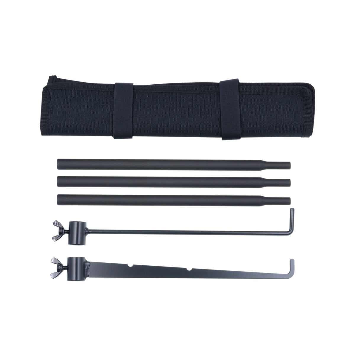 Ozpig Tool Rack components—including a black fabric carrying case, three black metal rods, and two black metal hooks with wing nuts—are displayed on a white background. Designed by Ozpig, this accessory rack provides convenient storage for your cooking tools and is compatible with Series 1, Series 2, Big Pig, and Traveller models.
