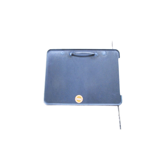 A black carrying case with a handle and an orange sticker on the front, designed for the Ozpig Traveller BBQ Plate by Ozpig and compatible with the OZP-T-001-01 replacement BBQ plate, isolated on a white background.