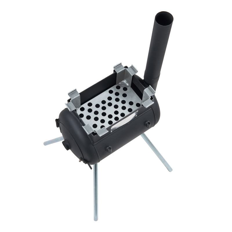 The Ozpig Traveller Charcoal Basket by Ozpig is a compact black metal camping stove, perfect for campsite cooking, featuring a perforated tray, a cylindrical body, three sturdy metal legs, and an upright chimney.
