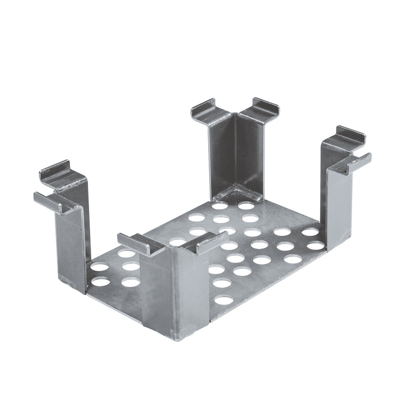 A metal bracket featuring a perforated base and four upright arms with hooked ends, designed for mounting or supporting components—perfect for enhancing campsite cooking when paired with the Ozpig Traveller Charcoal Basket from Ozpig to achieve genuine wood-fired flavour.