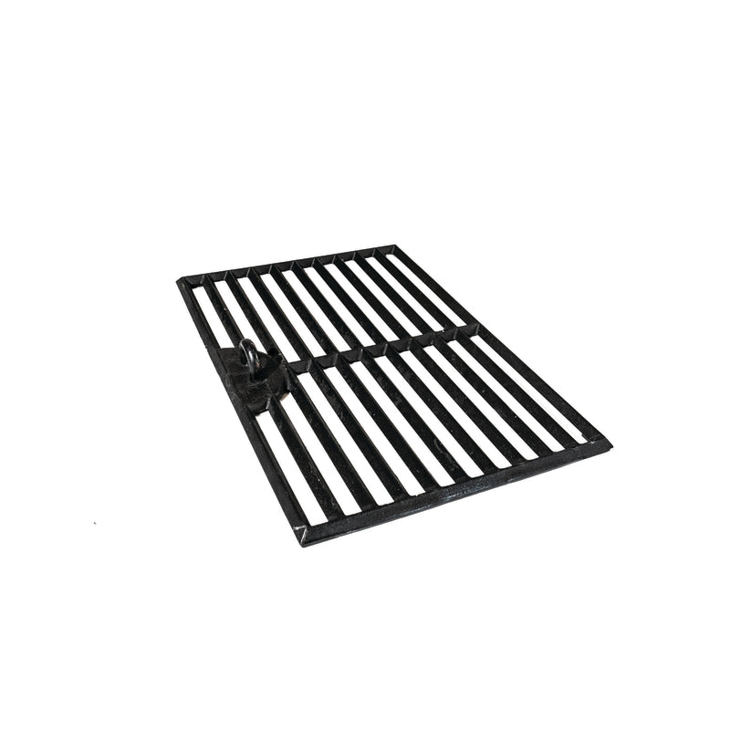 The Ozpig Traveller Chargrill by Ozpig is a black, rectangular cast iron grate featuring parallel bars and a small handle on one side, designed for creating authentic wood-fired flavours and distinct chargrill marks; shown here on a white background.
