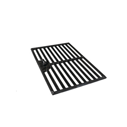 The Ozpig Traveller Chargrill by Ozpig is a black, rectangular cast iron grate featuring parallel bars and a small handle on one side, designed for creating authentic wood-fired flavours and distinct chargrill marks; shown here on a white background.