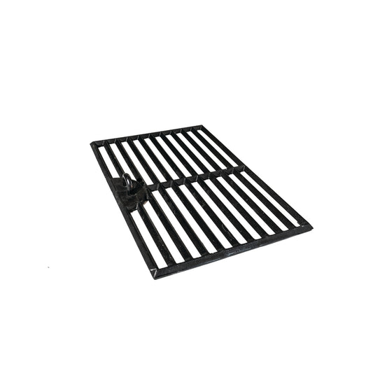 The Ozpig Traveller Chargrill by Ozpig is a black, rectangular cast iron grate featuring parallel bars and a small handle on one side, designed for creating authentic wood-fired flavours and distinct chargrill marks; shown here on a white background.