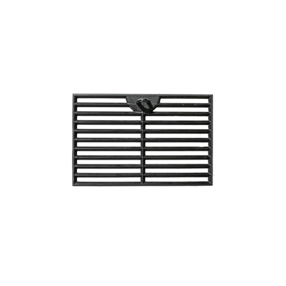 The Ozpig Traveller Chargrill by Ozpig is a rectangular black cast iron grate with horizontal bars and a central latch, ideal for creating authentic chargrill marks and wood-fired flavours, shown isolated on a white background.