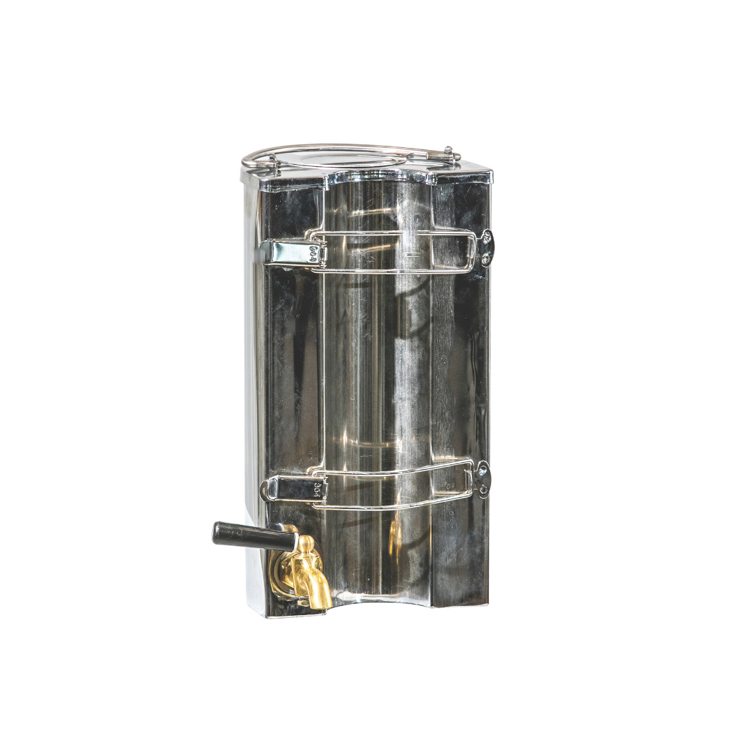 An Ozpig Traveller Kettle by Ozpig, featuring shiny stainless steel construction, a clear lid, crank handle, and a honey tap at the bottom, isolated on a white background.