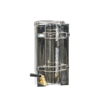 An Ozpig Traveller Kettle by Ozpig, featuring shiny stainless steel construction, a clear lid, crank handle, and a honey tap at the bottom, isolated on a white background.