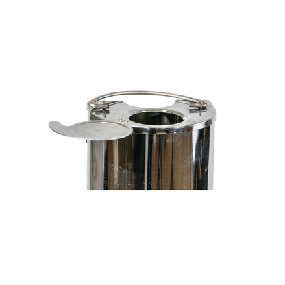 The Ozpig Traveller Kettle by Ozpig is a stainless steel, cylindrical kettle featuring an open lid attached at the top and a sturdy metal handle. Shown against a white background, this outdoor kettle is perfect for camping or pairing with your Ozpig Traveller Kettle system.
